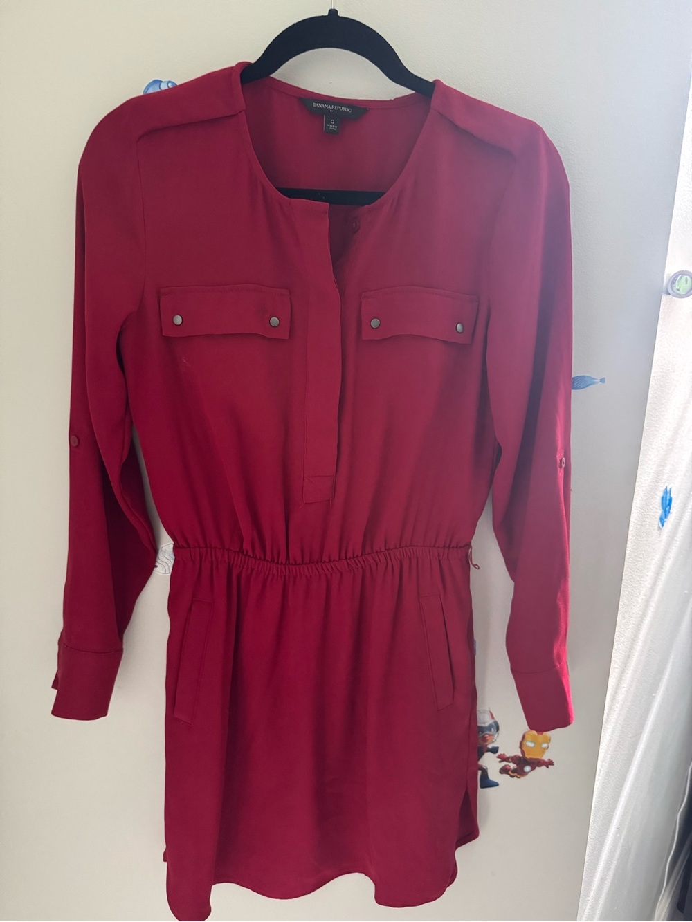 Banana Republic Crimson Red Long-Sleeve Shirt Dress